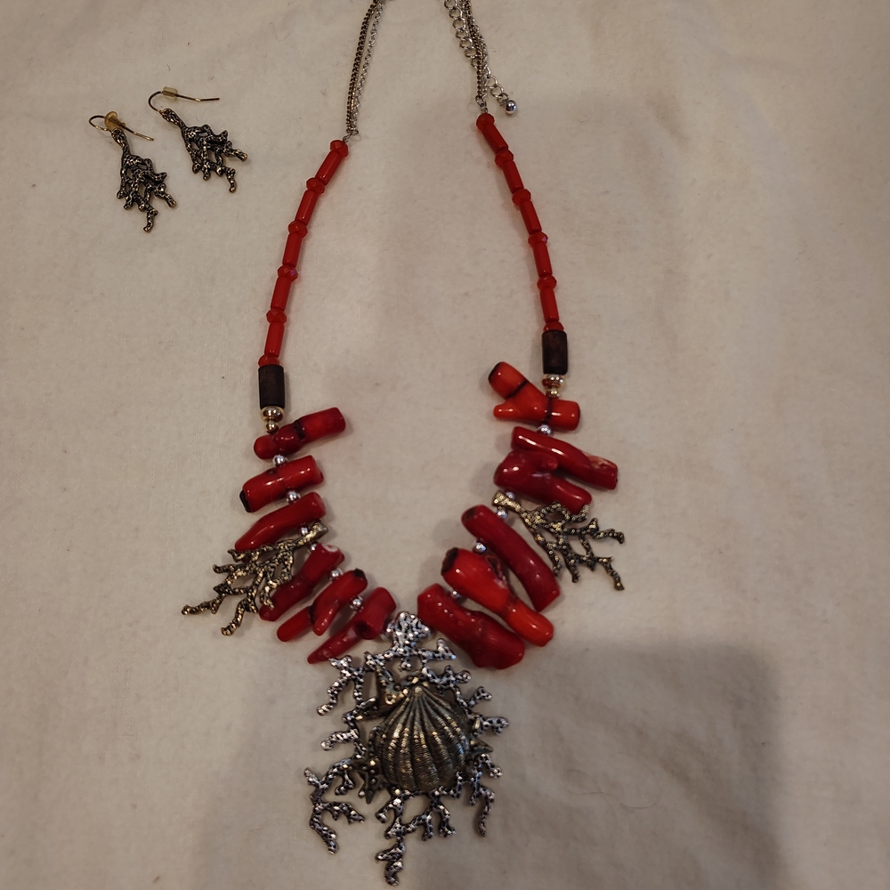 Vibrant Red and Silver Necklace with Coral Accents
